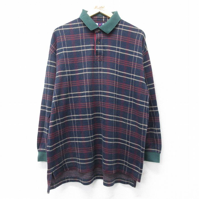 長袖ポロシャツ ネイビーチェック XL | 古着