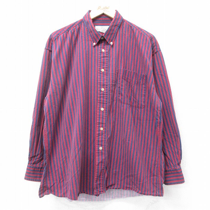 XL★古着 長袖 シャツ メンズ コットン ボタンダウン エンジ他 ストライプ 24feb24 中古 トップス