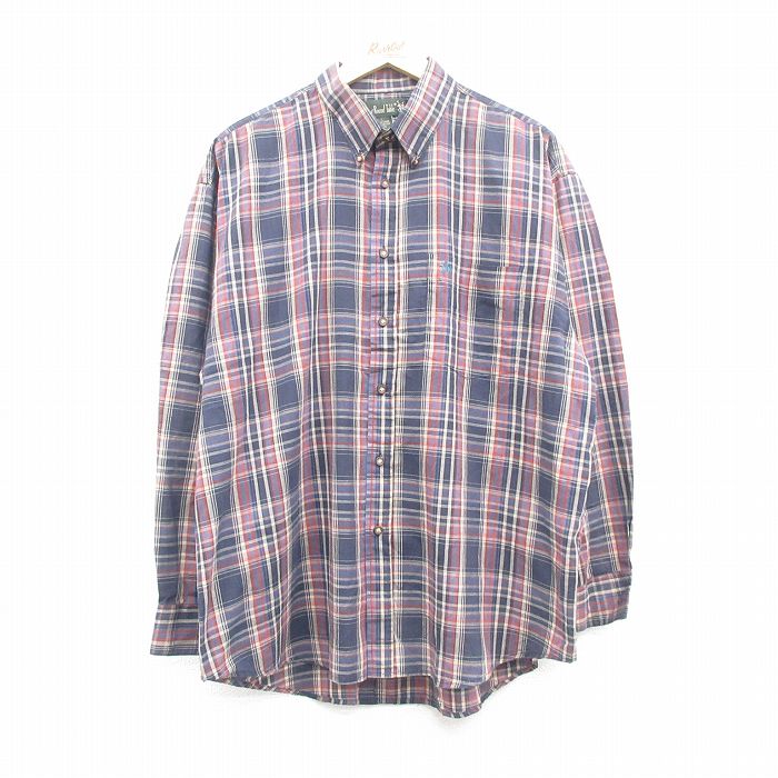 90s 長袖シャツ ワンポイントロゴ ネイビーチェック XL | 古着