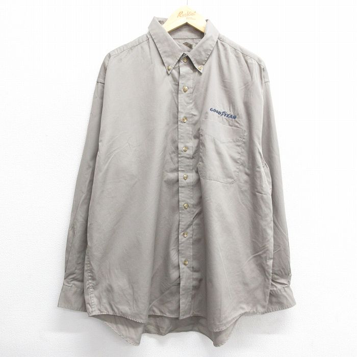 XL★古着 長袖 シャツ メンズ GOODYEAR ウイングフット 大きいサイズ コットン ボタンダウン ベージュ系 カーキ 24aug03 中古 トップス