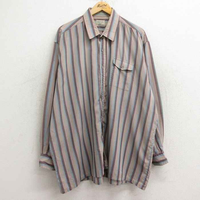 XL★古着 長袖 シャツ メンズ 80年代 80s 大きいサイズ ベージュ他 カーキ ストライプ 24aug19 中古 トップス