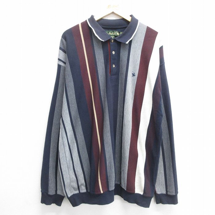 XL★古着 長袖 ポロ シャツ メンズ 90年代 90s ワンポイントロゴ ロング丈 大きいサイズ 紺他 ネイビー ストライプ 24aug20 中古 トップス