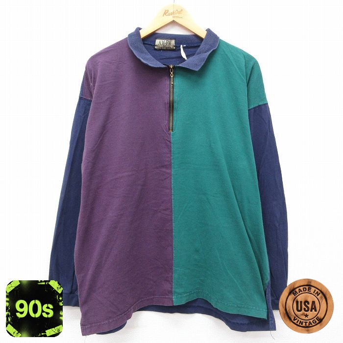 90s ハーフジップトップス マルチカラー ネイビー L | 古着