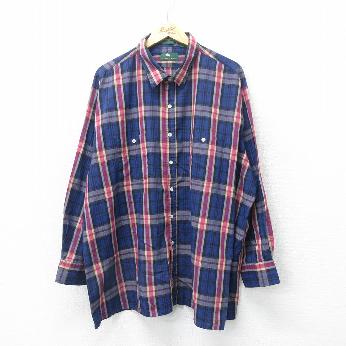 XL★古着 長袖 シャツ メンズ 90年代 90s 大きいサイズ ロング丈 紺他 ネイビー チェック 24sep03 中古 トップス