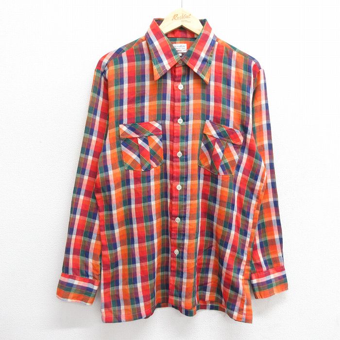 【50%OFF】M★古着 長袖 シャツ メンズ 90年代 90s オレンジ他 チェック 24sep05 中古 トップス