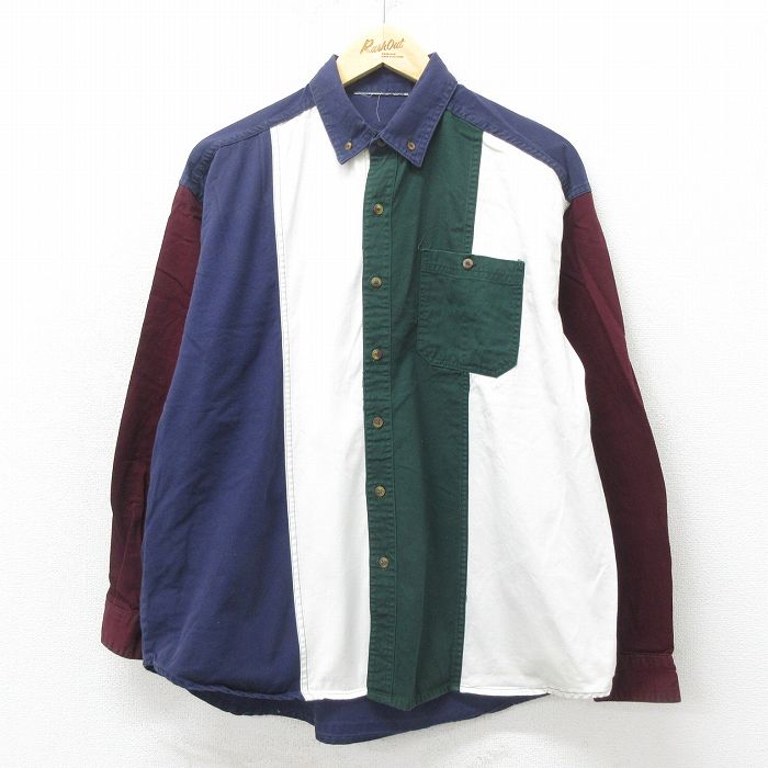 XL★古着 長袖 シャツ メンズ マルチカラー ボタンダウン 紺 ネイビー 24sep06 中古 トップス