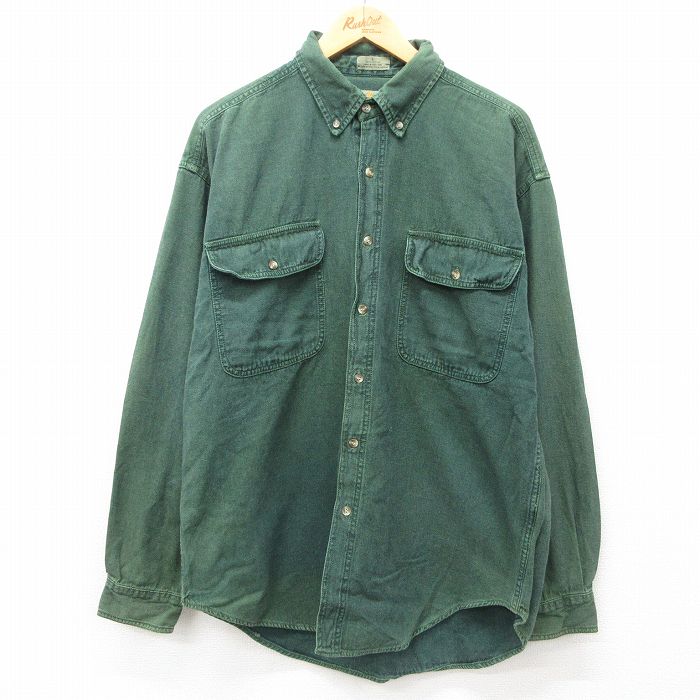 XL★古着 長袖 シャツ メンズ コットン ボタンダウン 緑 グリーン 24sep18 中古 トップス