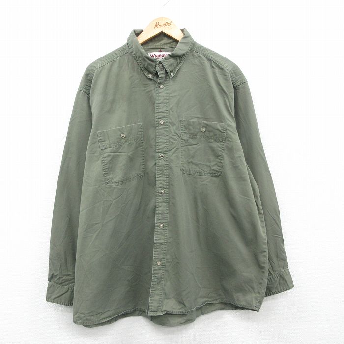 XL★古着 ラングラー Wrangler 長袖 シャツ メンズ 00年代 00s 大きいサイズ ボタンダウン 濃緑 グリーン 24oct05 中古 トップス