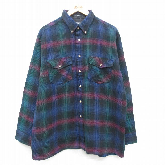 XL★古着 バンヒューセン 長袖 シャツ メンズ 90年代 90s ボタンダウン 緑他 グリーン 24oct09 中古 トップス