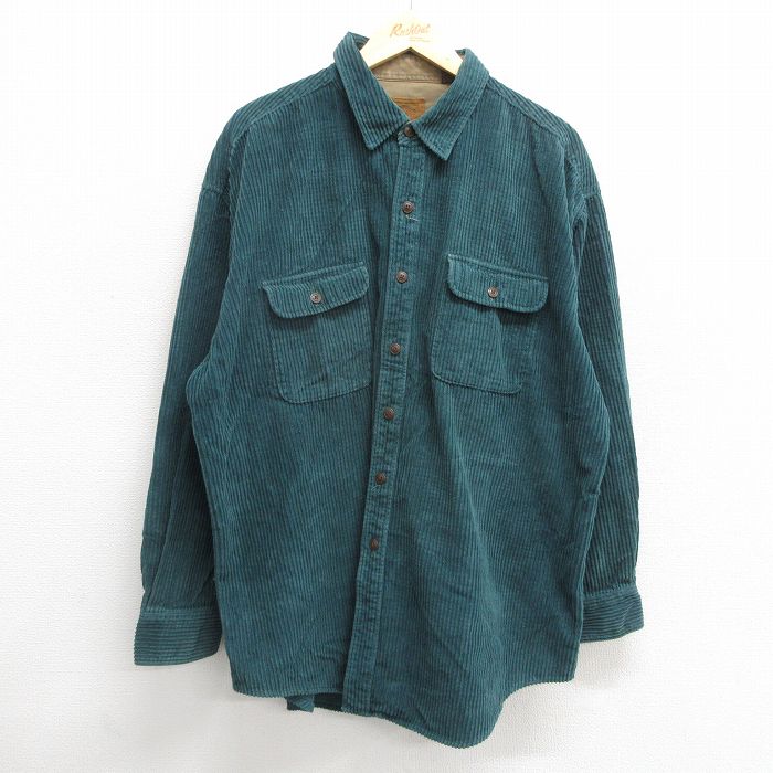 XL★古着 セントジョンズベイ 長袖 シャツ メンズ コーデュロイ 太畝 大きいサイズ ロング丈 コットン 緑系 グリーン 【spe】 24nov09 中古 トップス