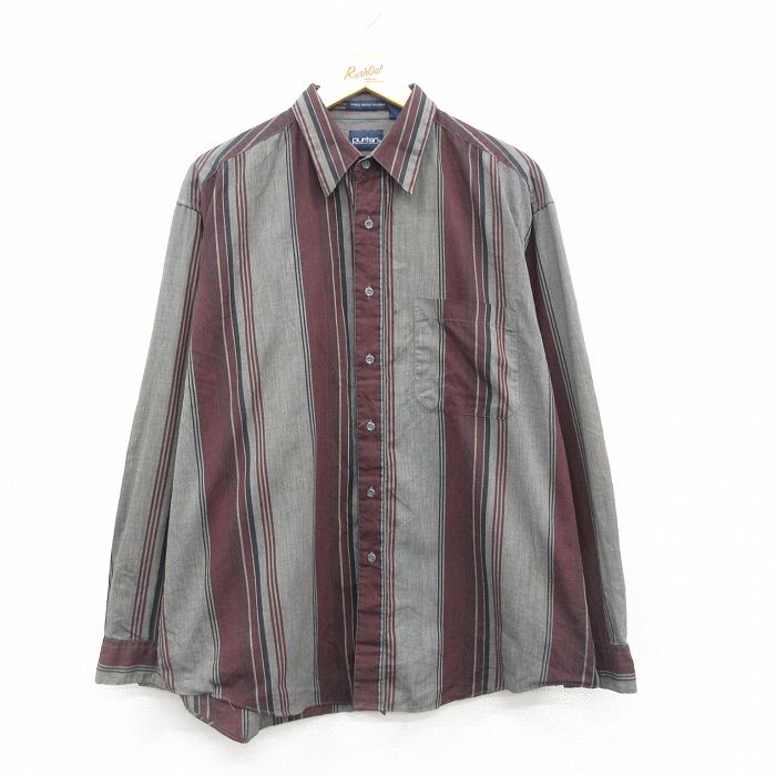 XL★古着 ピューリタン 長袖 シャツ メンズ 00年代 00s 大きいサイズ グレー他 ストライプ 24nov14 中古 トップス