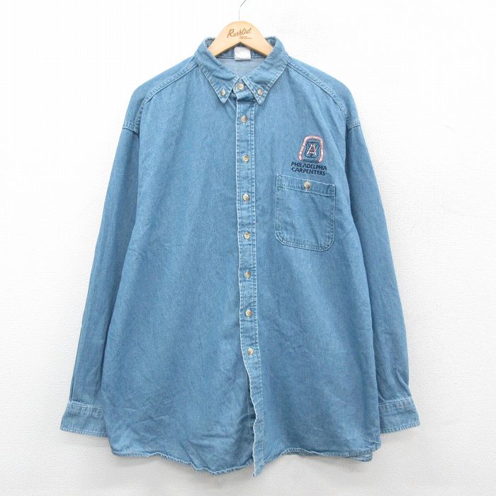 XL★古着 長袖 シャツ メンズ 90年代 90s フィラデルフィア 大きいサイズ ロング丈 ボタンダウン 紺 ネイビー デニム 24nov14 中古 トップス