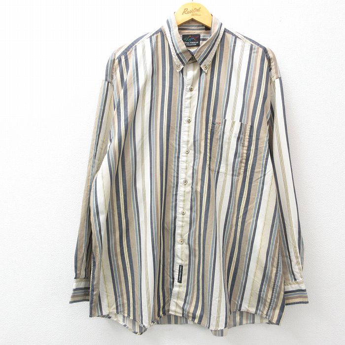 XL★古着 グレッグノーマン 長袖 シャツ メンズ 大きいサイズ ロング丈 コットン ボタンダウン ベージュ系他 カーキ ストライプ 24nov15 中古 トップス