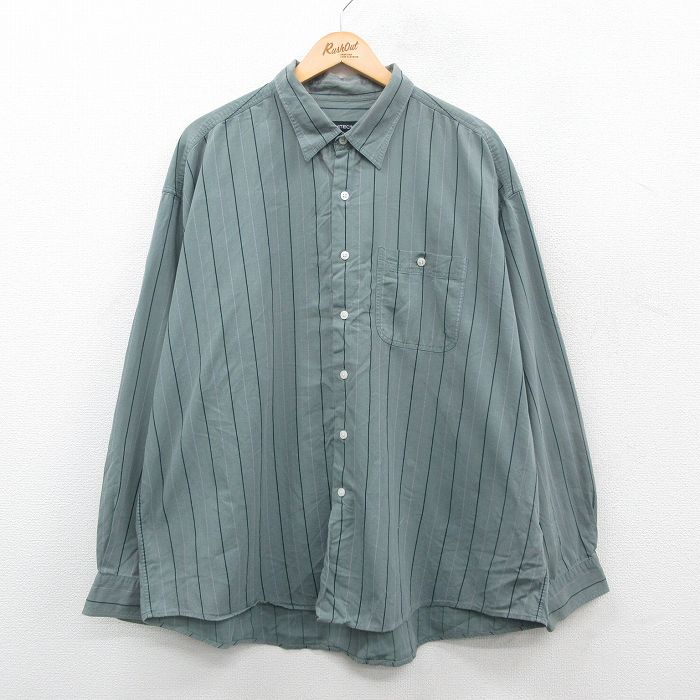 XL★古着 長袖 シャツ メンズ 大きいサイズ コットン 緑系他 グリーン ストライプ 24nov15 中古 トップス