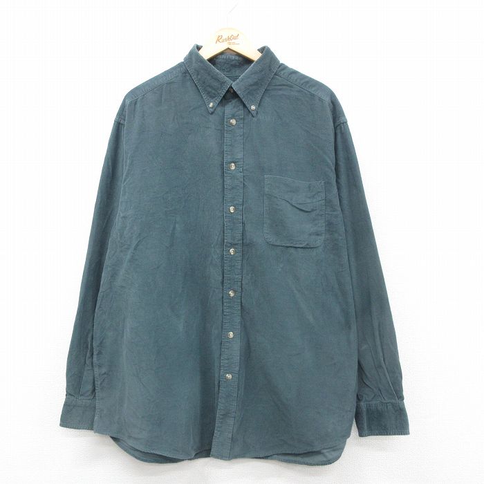 XL★古着 長袖 シャツ メンズ 00年代 00s コーデュロイ 大きいサイズ ロング丈 コットン ボタンダウン 濃緑系 グリーン 24nov15 中古 トップス