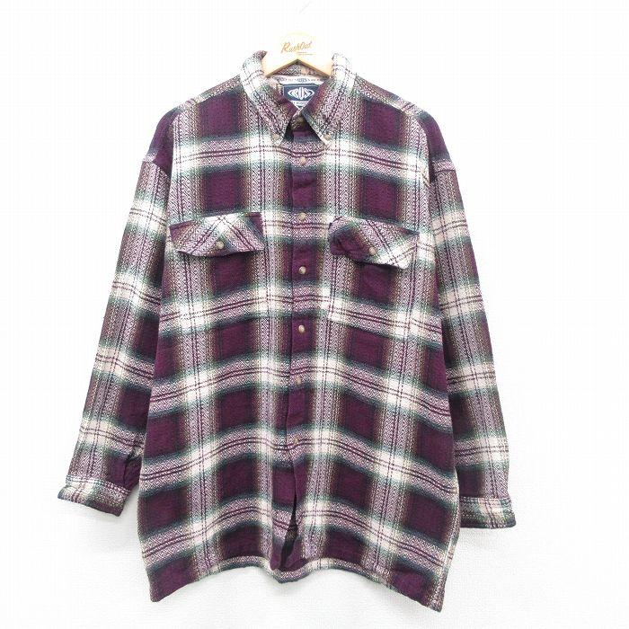 XL★古着 長袖 シャツ メンズ ロング丈 コットン ボタンダウン 茶他 ブラウン チェック 24nov15 中古 トップス