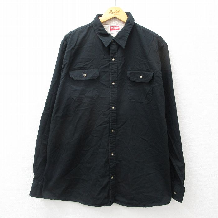 XL★古着 ラングラー Wrangler 長袖 シャツ メンズ 大きいサイズ ロング丈 コットン 黒 ブラック 24nov18 中古 トップス