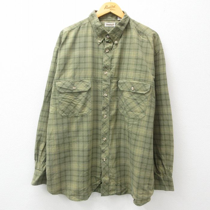 XL★古着 長袖 シャツ メンズ 大きいサイズ コットン ボタンダウン 薄緑他 グリーン チェック 24nov18 中古 トップス