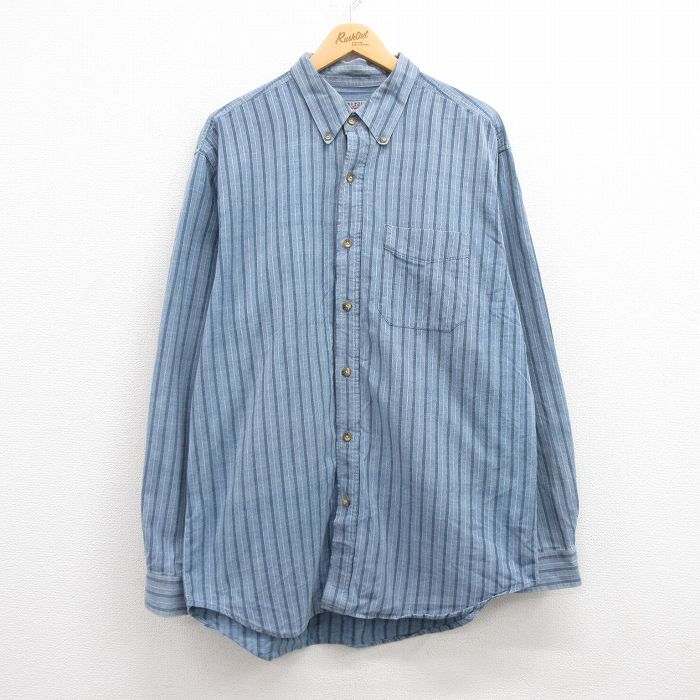 XL★古着 THE TERRITORY AHEAD 長袖 シャツ メンズ 00年代 00s ロング丈 コットン ボタンダウン 紺 ネイビー ストライプ 24nov18 中古 トップス
