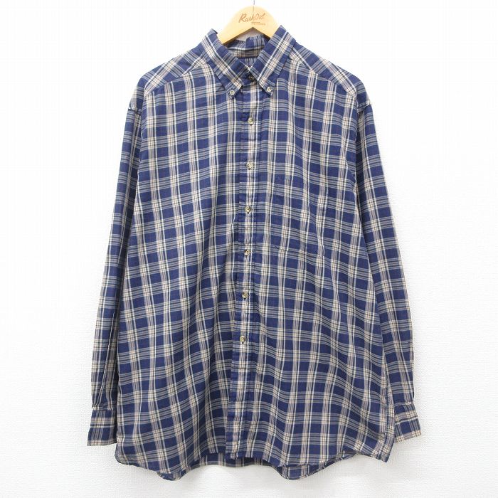 XL★古着 長袖 シャツ メンズ 90年代 90s 大きいサイズ ロング丈 ボタンダウン USA製 紺他 ネイビー チェック 24nov25 中古 トップス