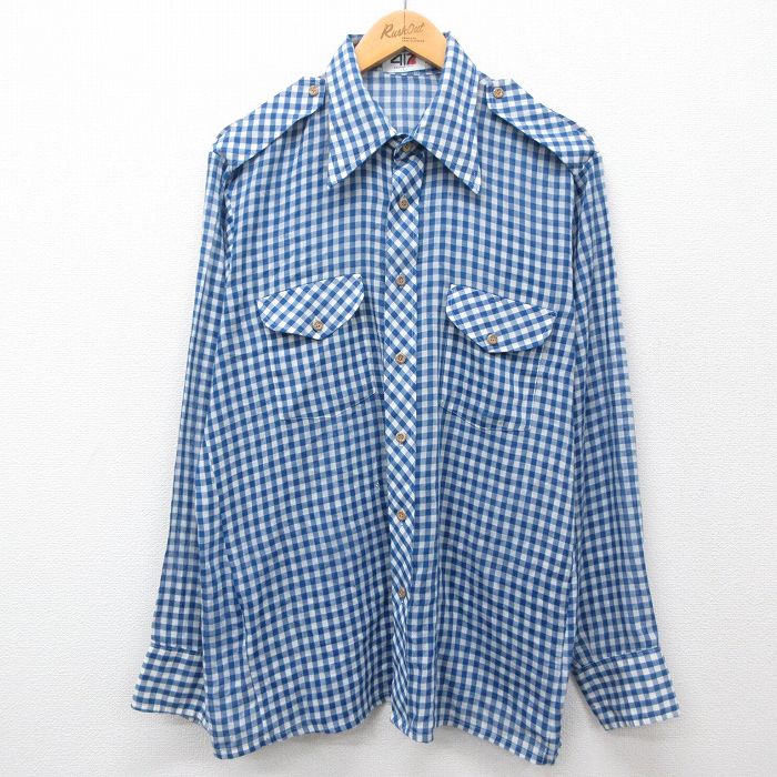 【20%OFF】L★古着 バンヒューセン 長袖 シャツ メンズ 70年代 70s 紺他 ネイビー チェック 24nov25 中古 トップス