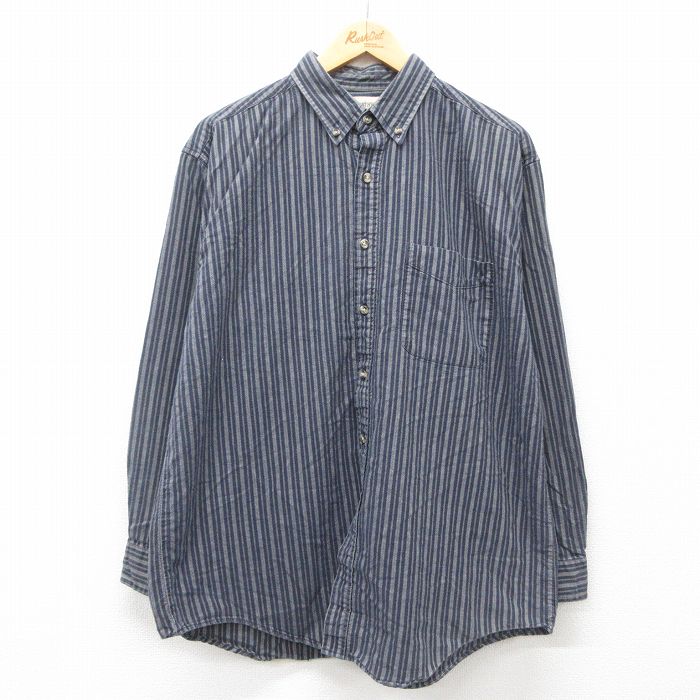 【50%OFF】XL★古着 長袖 シャツ メンズ 00年代 00s コットン ボタンダウン 紺他　ストライプ ネイビー 24nov25 中古 トップス