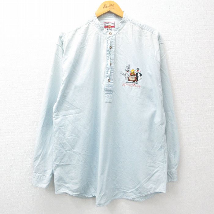 【50%OFF】L★古着 長袖 シャツ メンズ 00年代 00s ルーニーテューンズ LOONEY TUNES タズ トゥイーティー ロング丈 コットン ノーカラー 薄紺 ネイビー 24nov25 中古 トップス