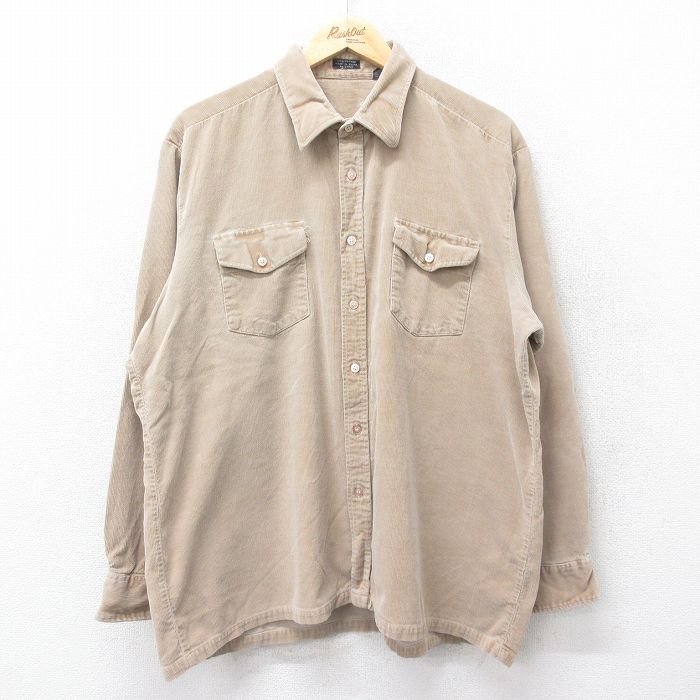 XL★古着 長袖 シャツ メンズ 80年代 80s コーデュロイ 大きいサイズ コットン 薄茶 ブラウン 24nov25 中古 トップス