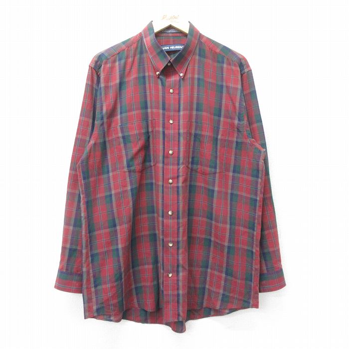 XL★古着 バンヒューセン 長袖 シャツ メンズ 90年代 90s ロング丈 ボタンダウン エンジ他 チェック 24nov25 中古 トップス