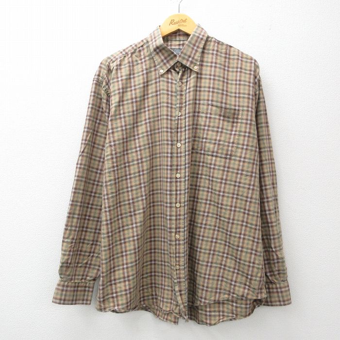 XL★古着 長袖 シャツ メンズ 大きいサイズ コットン ボタンダウン イタリア製 ベージュ他 カーキ チェック 24nov27 中古 トップス