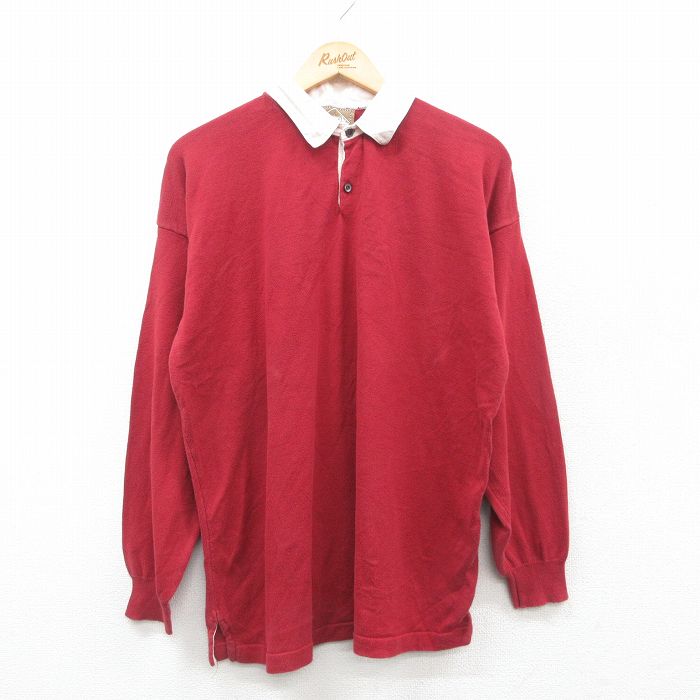 L★古着 長袖 ポロ シャツ メンズ 90年代 90s コットン USA製 エンジ他 24nov30 中古 トップス