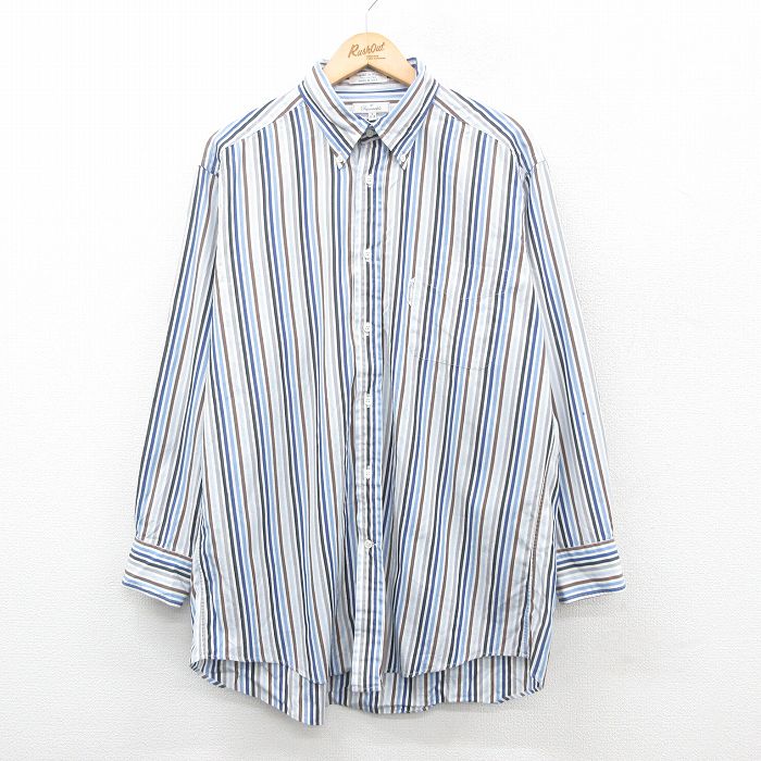 【50%OFF】L★古着 長袖 シャツ メンズ 90年代 90s ロング丈 コットン ボタンダウン 白他 ホワイト ストライプ 24nov30 中古 トップス