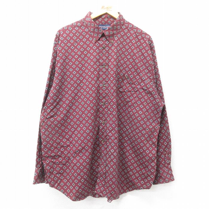 XL★古着 長袖 シャツ メンズ 総柄 大きいサイズ ロング丈 コットン ボタンダウン エンジ他 24dec02 中古 トップス