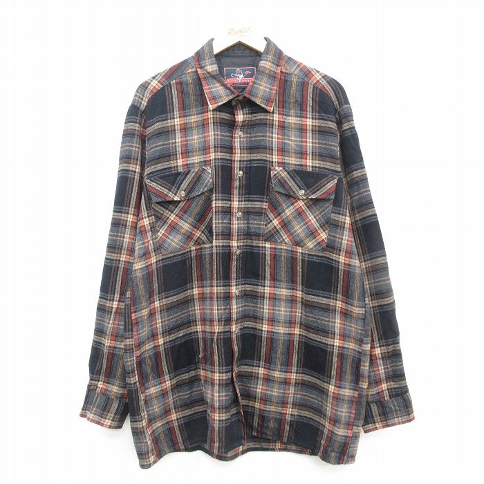 XL★古着 長袖 シャツ メンズ 00年代 00s ロング丈 黒他 ブラック チェック 24dec06 中古 トップス