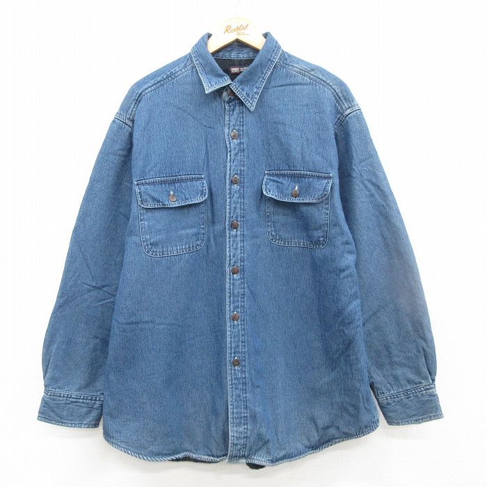 XL★古着 FADED GLORY 長袖 シャツ メンズ 00年代 00s 大きいサイズ ロング丈 コットン 紺 ネイビー デニム 内側フリース 24dec06 中古 トップス