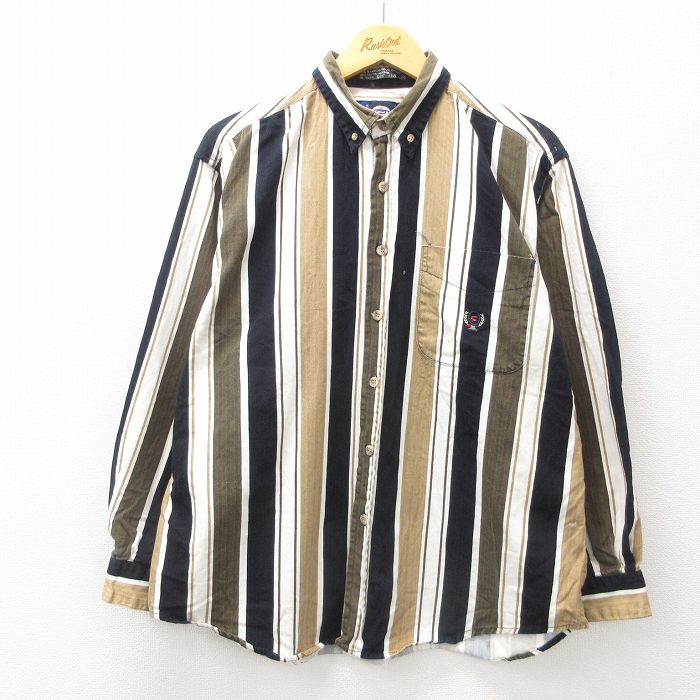 L★古着 長袖 シャツ メンズ ヘリンボーン コットン ボタンダウン 黒他 ブラック ストライプ 24dec09 中古 トップス