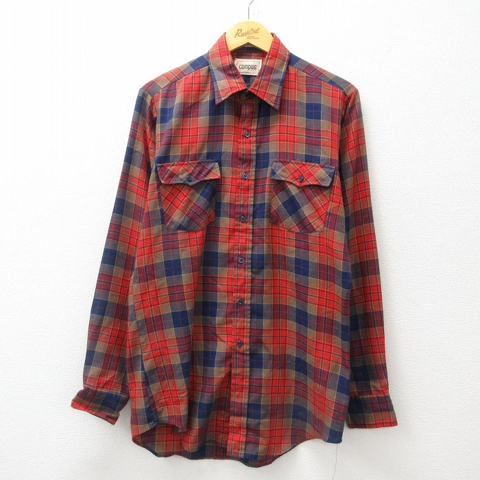 【20%OFF】L★古着 キャンパス 長袖 シャツ メンズ 80年代 80s ロング丈 紺他 ネイビー チェック 24dec10 中古 トップス