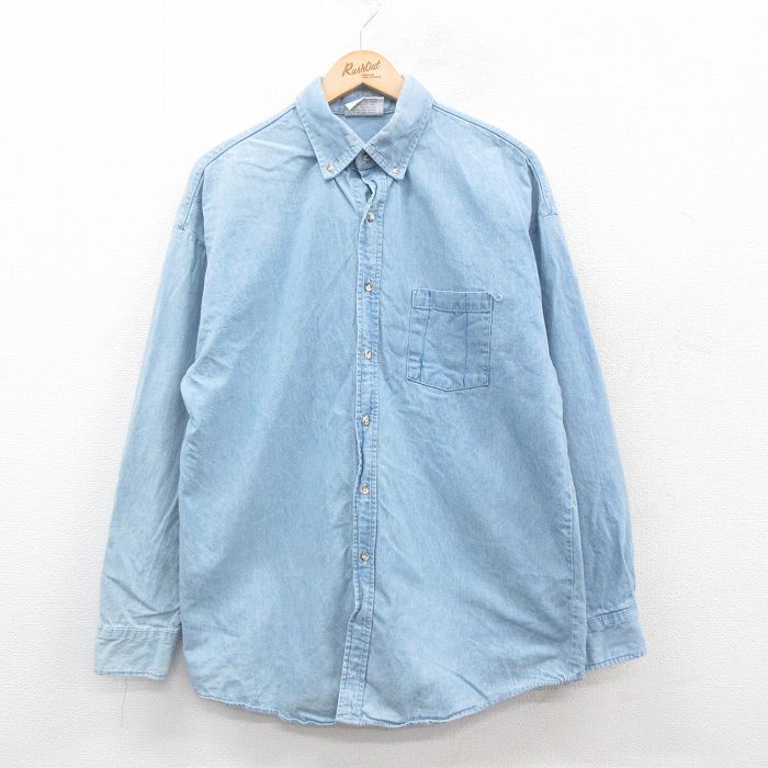 【20%OFF】L★古着 長袖 シャツ メンズ 90年代 90s コットン ボタンダウン USA製 薄紺 ネイビー 24dec10 中古 トップス