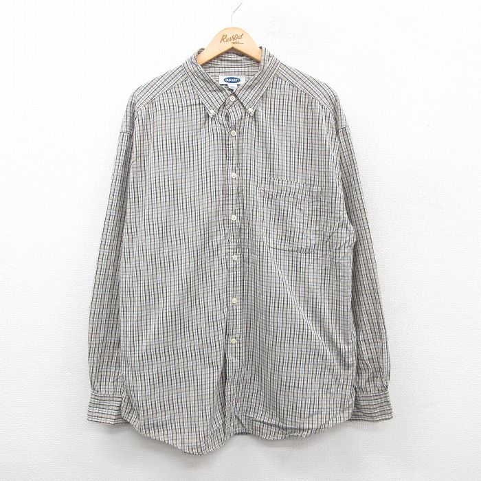 XL★古着 オールドネイビー OLD NAVY 長袖 シャツ メンズ 大きいサイズ ロング丈 コットン ボタンダウン ベージュ他 カーキ チェック 24dec10 中古 トップス