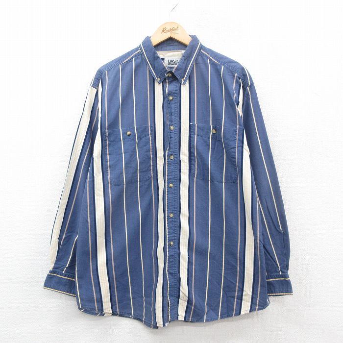 【20%OFF】XL★古着 ベーシックエディションズ 長袖 シャツ メンズ 00年代 00s 大きいサイズ コットン ボタンダウン 紺 ネイビー ストライプ 【spe】 24dec10 中古 トップス