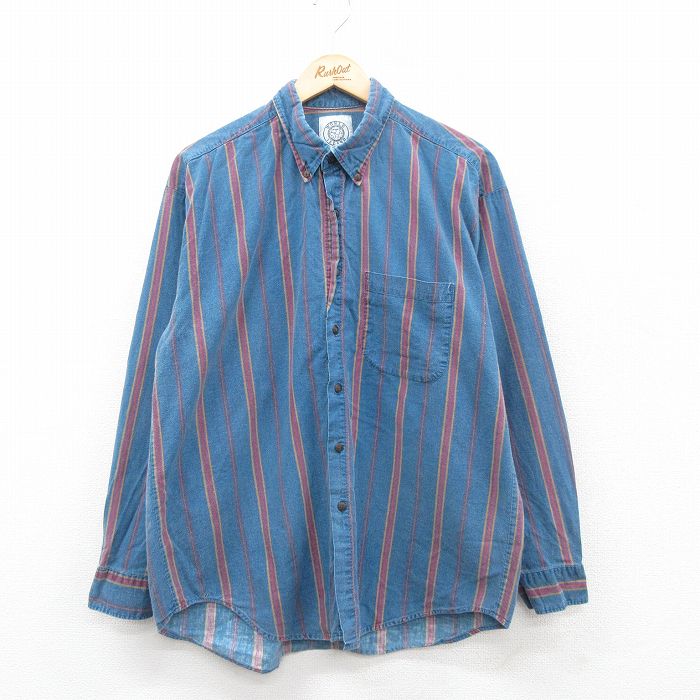 XL★古着 長袖 シャツ メンズ 90年代 90s コットン ボタンダウン USA製 紺 ネイビー ストライプ 24dec10 中古 トップス