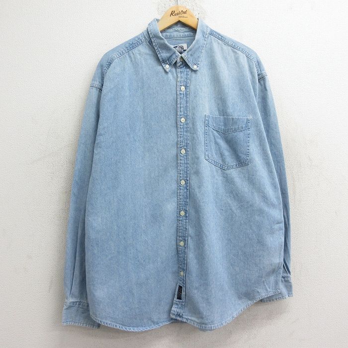 【20%OFF】XL★古着 オールドネイビー OLD NAVY 長袖 シャツ メンズ ロング丈 コットン ボタンダウン 薄紺 ネイビー デニム 24dec10 中古 トップス