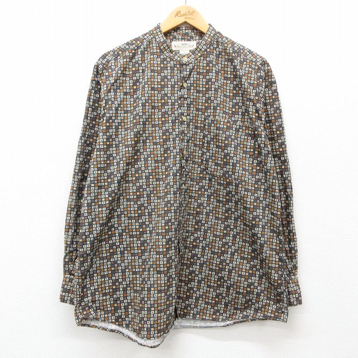 XL★古着 長袖 シャツ メンズ 00年代 00s コットン ノーカラー 青緑他 24dec11 中古 トップス