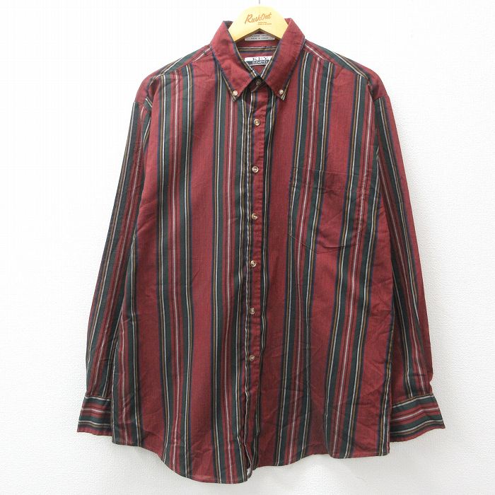 【20%OFF】L★古着 キー KEY 長袖 シャツ メンズ 90年代 90s ボタンダウン エンジ他 ストライプ 24dec16 中古 トップス