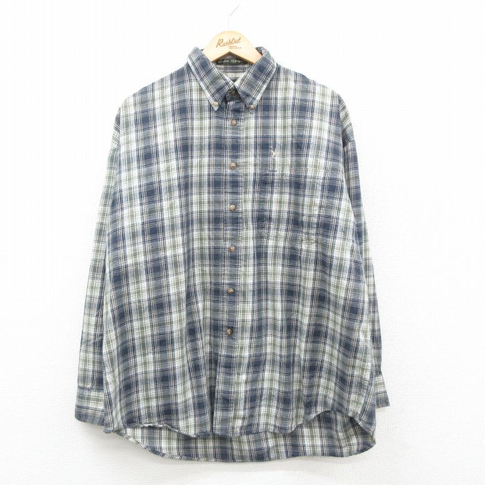 XL★古着 長袖 シャツ メンズ 90年代 90s ワンポイントロゴ 大きいサイズ コットン ボタンダウン 紺他 ネイビー チェック 24dec16 中古 トップス
