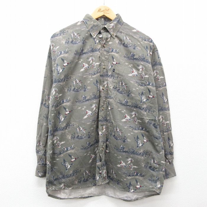 XL★古着 長袖 シャツ メンズ 鳥 コットン ボタンダウン 濃緑他 グリーン 24dec17 中古 トップス