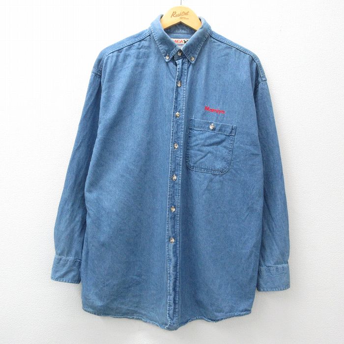 XL★古着 長袖 シャツ メンズ 90年代 90s MAMIYA ロング丈 コットン ボタンダウン USA製 紺 ネイビー デニム 24dec20 中古 トップス
