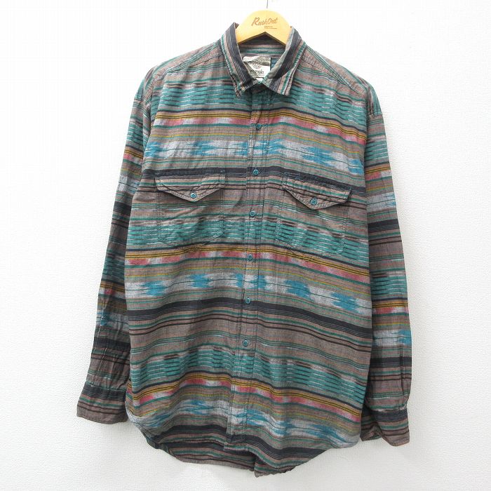 【20%OFF】XL★古着 ラングラー Wrangler 長袖 シャツ メンズ ネイティブ柄 ラグ柄 コットン 青緑他 ストライプ 24dec20 中古 トップス