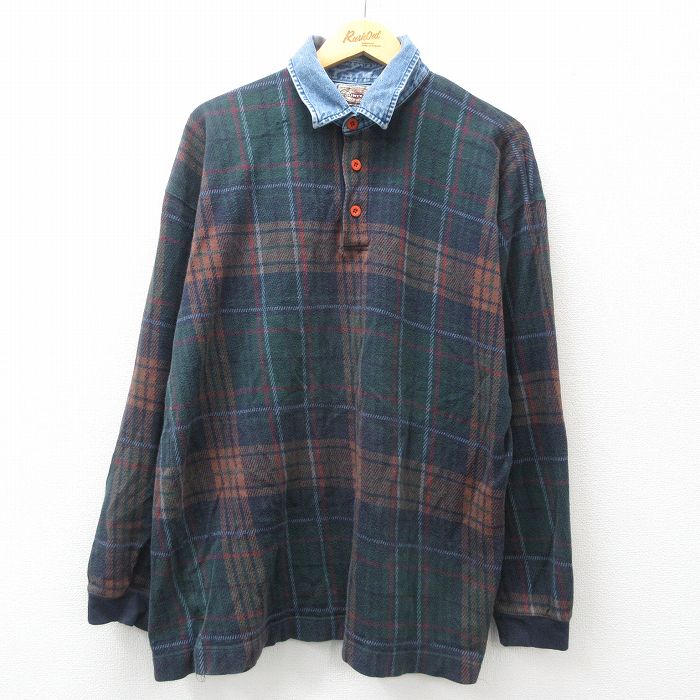 【20%OFF】XL★古着 長袖 ポロ シャツ メンズ 90年代 90s 襟デニム コットン 緑他 グリーン チェック 24dec20 中古 トップス