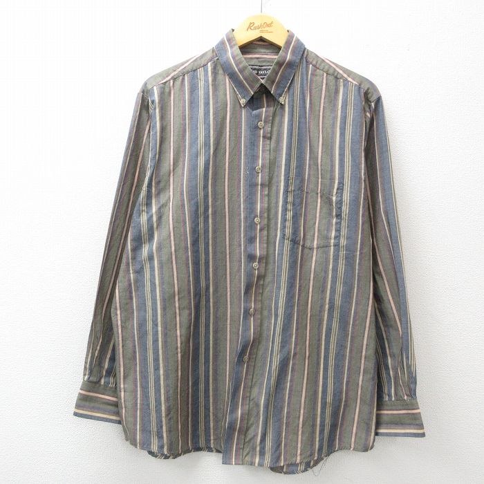 XL★古着 長袖 シャツ メンズ 90年代 90s ボタンダウン 薄紺他 ネイビー ストライプ 24dec20 中古 トップス